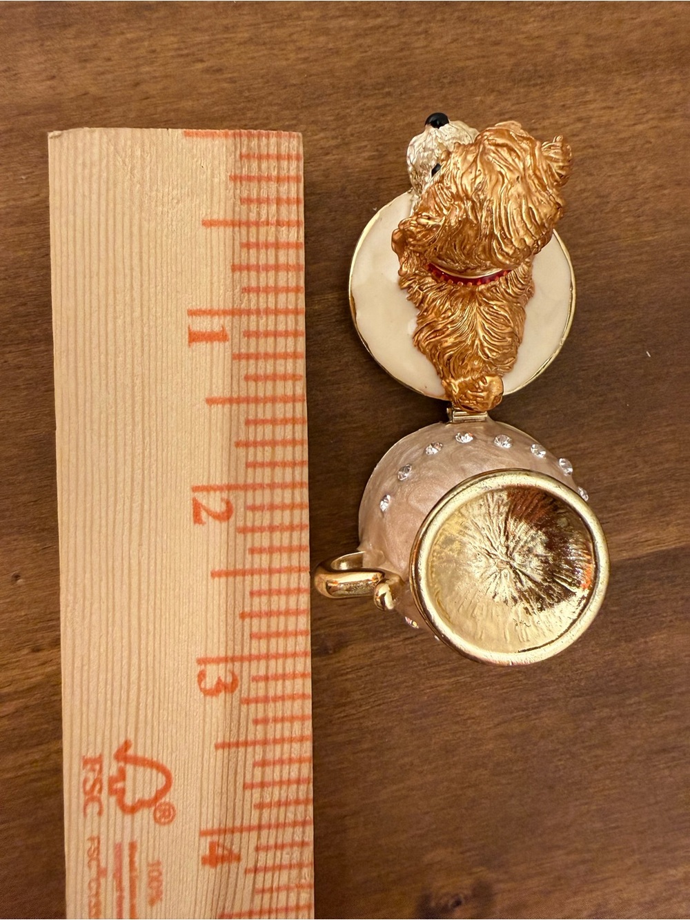 Gold and Cream Puppy on a Teacup Jewelry Trinket Box with Rhinestones Accents - Picture 12 of 12